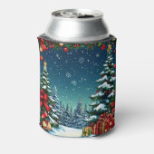 Feestelijke kerstscène met besneeuwde bomen blikjeskoeler (Blikje Achterkant)