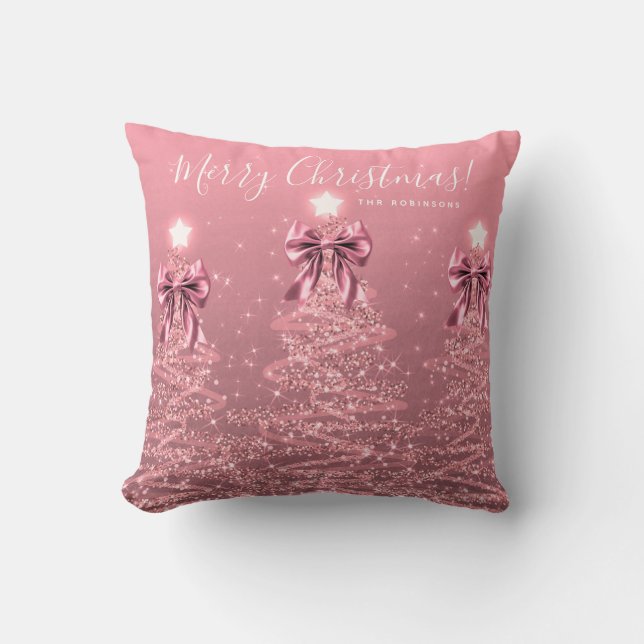 Feestelijke Kerstschaamroze Kerstbomen Naam Kussen (Voorkant)