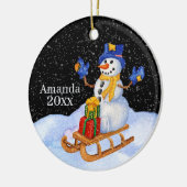 feestelijke kerstsneeuwman voegt naamtekst toe keramisch ornament (Links)