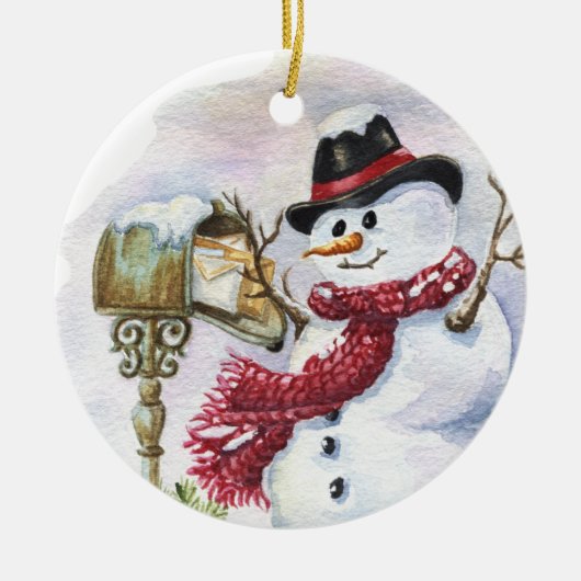 feestelijke kerstsneeuwman voegt tekst toe keramisch ornament (Voorkant)