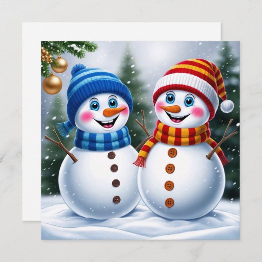 Feestelijke kerstsneeuwpoppen in het winterbos feestdagenkaart (Voorkant / Achterkant)