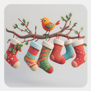Feestelijke kerstsokken opgehangen met hulst vierkante sticker