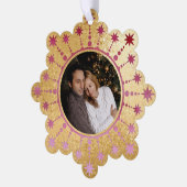 Feestelijke kerstster: rode en gouden foto ornament kaart