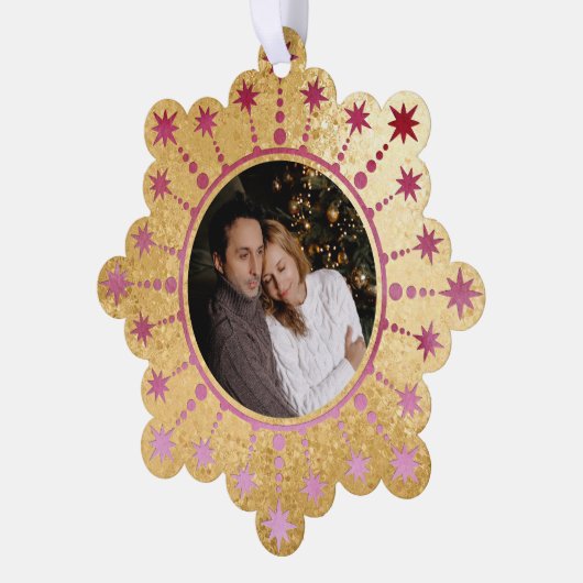 Feestelijke kerstster: rode en gouden foto ornament kaart (Links)