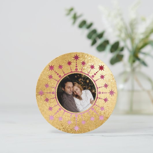 Feestelijke kerstster: rode en gouden fotokaart feestdagenkaart (Staand voorkant)