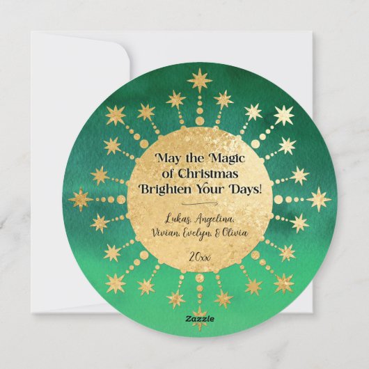 Feestelijke kerststerren: groen en goud feestdagenkaart (Achterkant)