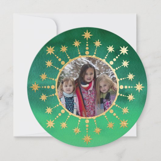 Feestelijke kerststerren: groen en goud feestdagenkaart (Voorkant)