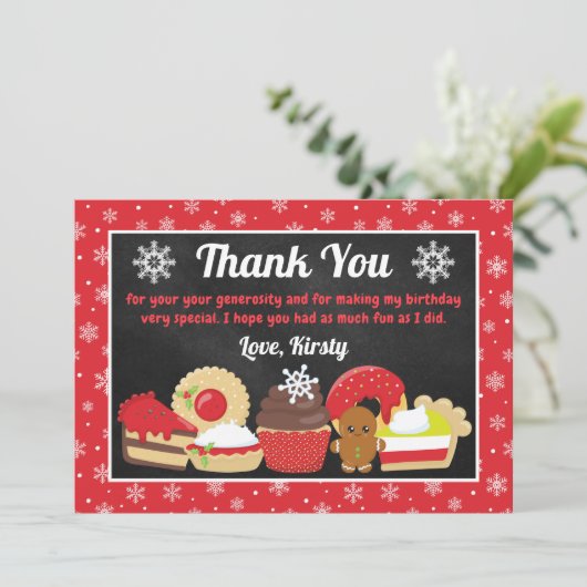 Feestelijke kersttaarten en koekjes verjaardag bedankkaart (Staand voorkant)