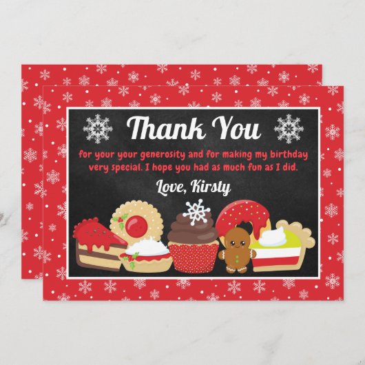 Feestelijke kersttaarten en koekjes verjaardag bedankkaart (Voorkant / Achterkant)