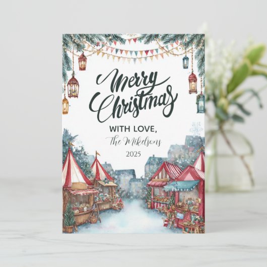 Feestelijke kerstvakantie in het winterdorp feestdagenkaart (Staand voorkant)