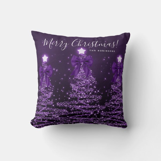 Feestelijke Kerstvakantie Paarse Kerstbomen Naam  Kussen (Voorkant)
