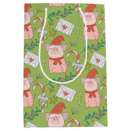 Feestelijke Kerstvarkens Midden Geschenkentas Medium Cadeauzakje (Voorkant)