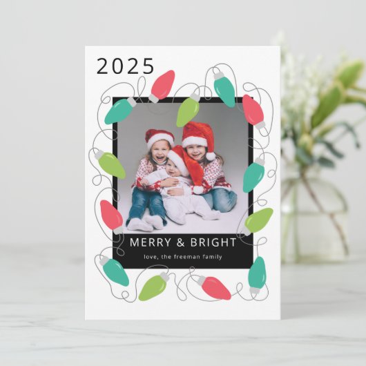 Feestelijke kerstverlichting Foto Vakantie Kaart (Staand voorkant)