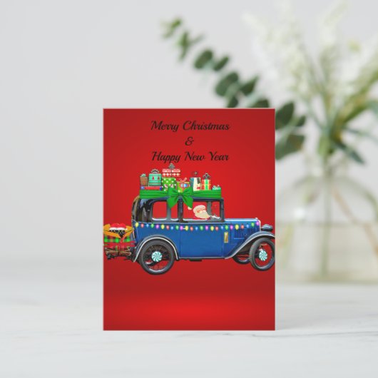 feestelijke kerstwagen bedankkaart (Staand voorkant)