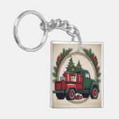 Feestelijke Kerstwagen met Bomen & Cadeaus Sleutelhanger (Voorkant Links)