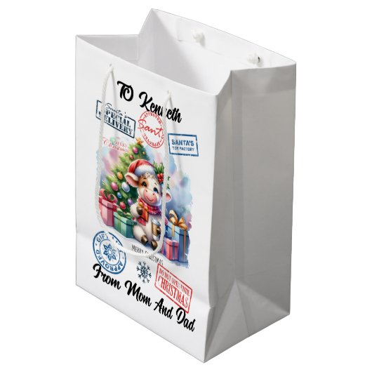 Feestelijke kerstzak met Koe Medium Cadeauzakje (Voorkant Gekanteld)