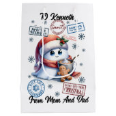 Feestelijke kerstzak met leuke sneeuwman medium cadeauzakje (Achterkant)