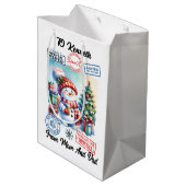 Feestelijke kerstzak met speelse vakantiesneeuwman medium cadeauzakje (Achterkant Gekanteld)