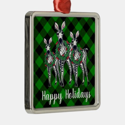 Feestelijke Kerstzebras, kerstkrans, groen geruit Metalen Ornament (Rechts)