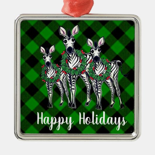 Feestelijke Kerstzebras, kerstkrans, groen geruit Metalen Ornament (Voorkant)