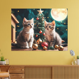 Feestelijke Kittens van Christmas Tree Under Full  Canvas Afdruk
