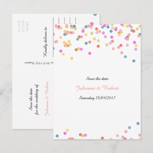 Feestelijke Kleurrijke Confetti Bewaar het Date Br Aankondigingskaart (Voorkant / Achterkant)
