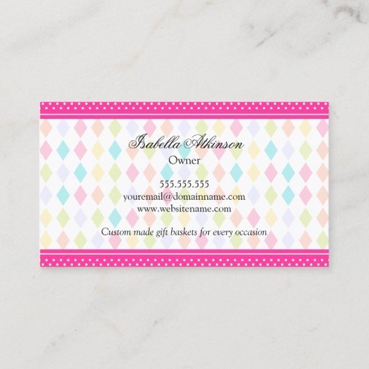 Feestelijke kleurrijke geschenkmand visitekaartje (Achterkant)