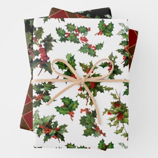 Feestelijke Kleurrijke Kerst Holly en Plaid Inpakpapier Vel (In situ)