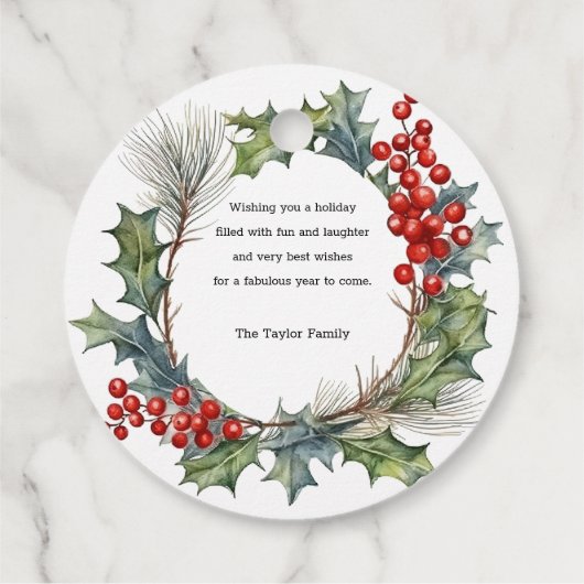 Feestelijke Kleurrijke Kerst Waterverf Foto Krans Bedankjes Labels (Achterkant)