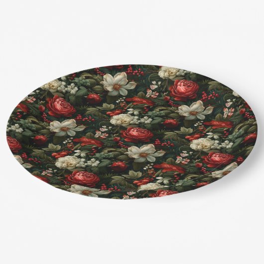 Feestelijke Kleurrijke Kerstrozen, Dennen en Hulst Papieren Bordje (Gekanteld)