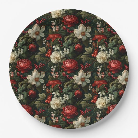 Feestelijke Kleurrijke Kerstrozen, Dennen en Hulst Papieren Bordje (Voorkant)