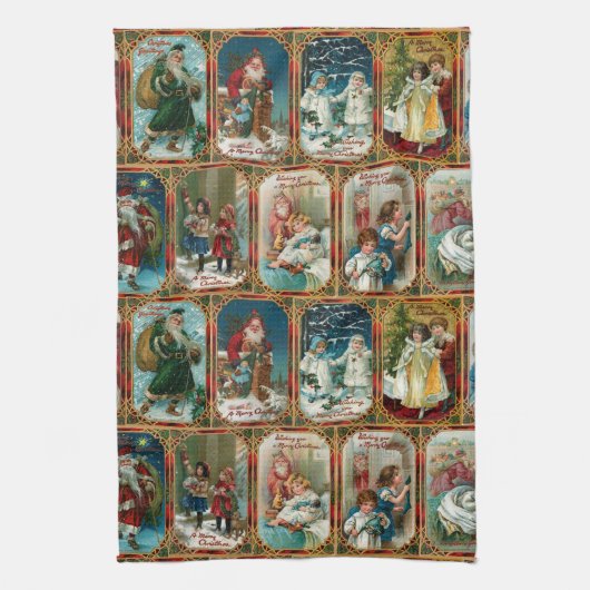 Feestelijke kleurrijke  vintage kerstscènes theedoek (Verticaal)