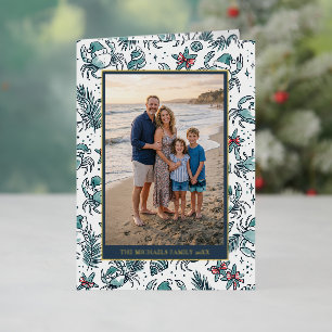 Feestelijke Krabpatroon Familie Foto Kerstmis Folie Feestdagenkaart