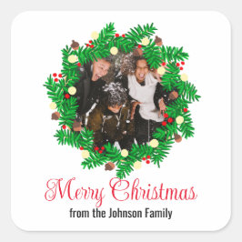 Feestelijke krans Aangepaste foto Vrolijk Kerstfee Vierkante Sticker