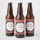Feestelijke krans & rode strepen | Vrolijk kerstfe Bier Etiket (Flessen)