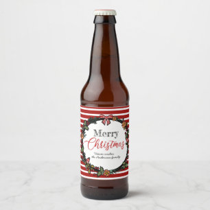 Feestelijke krans & rode strepen Vrolijk kerstfe Bier Etiket