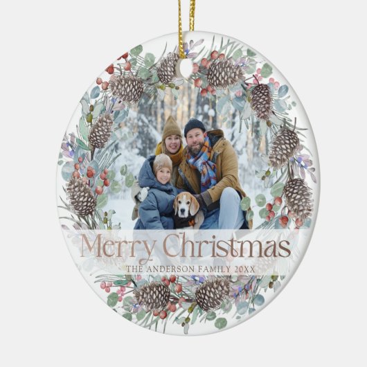 Feestelijke Krans Vrolijk Kerstfeest & Foto Keramisch Ornament (Links)