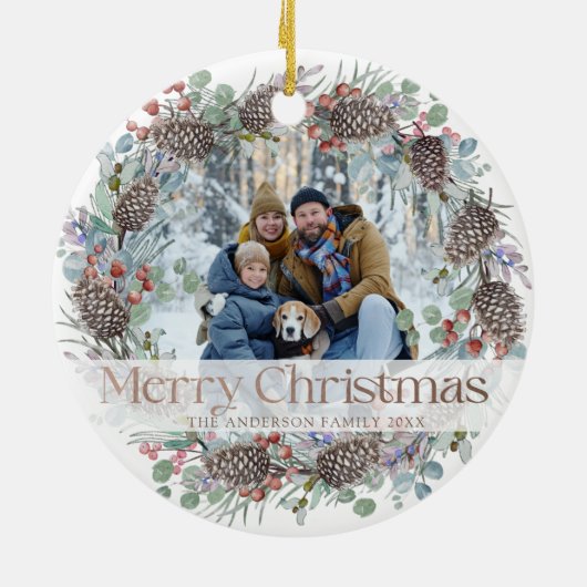Feestelijke Krans Vrolijk Kerstfeest & Foto Keramisch Ornament (Achterkant)