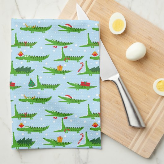 Feestelijke krokodillen in kerstkostuums patroon theedoek (Quarter Fold)