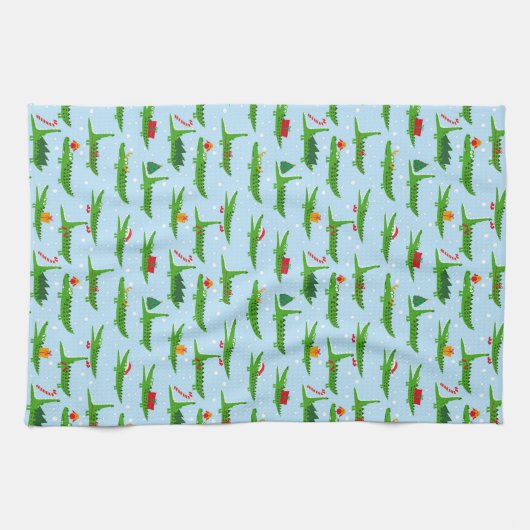 Feestelijke krokodillen in kerstkostuums patroon theedoek (Horizontaal)