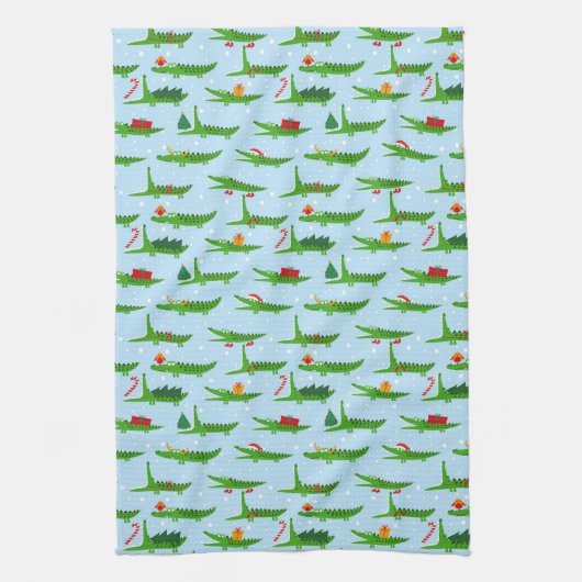 Feestelijke krokodillen in kerstkostuums patroon theedoek (Verticaal)