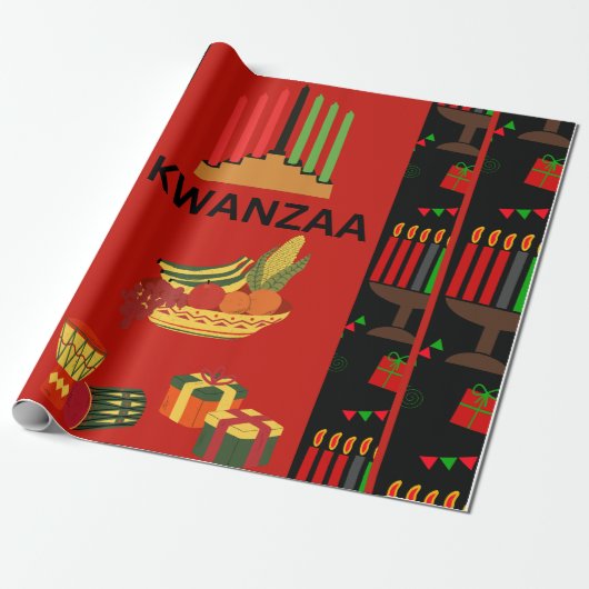 Feestelijke Kwanzaa Design met Kinara, Fruit en Gi Cadeaupapier (Uitgerold)
