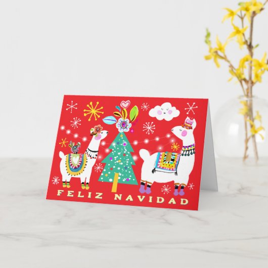 Feestelijke lama's kerstboom Spaans Kaart (Gele Bloem)