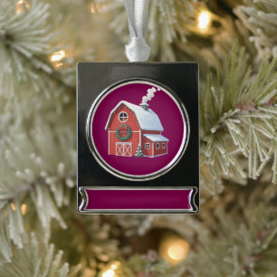 Feestelijke Landelijke Boerderij Besneeuwde Rode S Verzilverd Banner Ornament