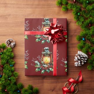 Feestelijke lantaarn genesteld in hulst – Seizoens Cadeaupapier