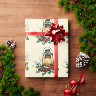 Feestelijke lantaarn genesteld in hulst – Seizoens Cadeaupapier