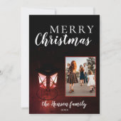 Feestelijke lantaarn in donkere kerst Familie Foto Feestdagenkaart (Voorkant)