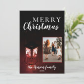 Feestelijke lantaarn in donkere kerst Familie Foto Feestdagenkaart (Staand voorkant)