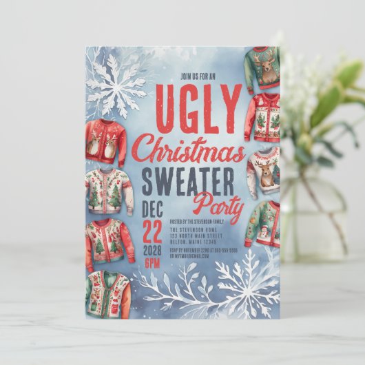 Feestelijke Lelijke Kerst Sweater Party Kaart (Staand voorkant)