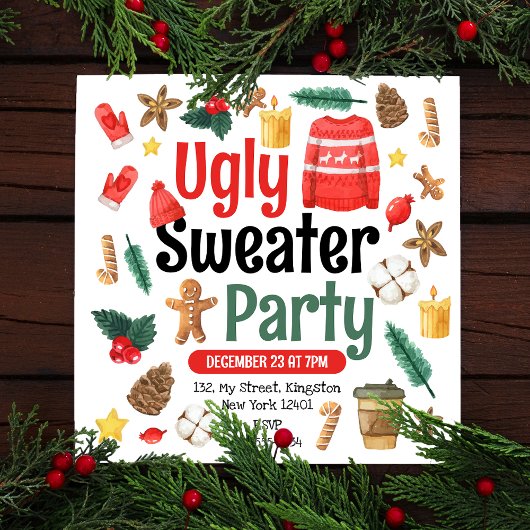 Feestelijke Lelijke Sweater Party Waterverf Kaart